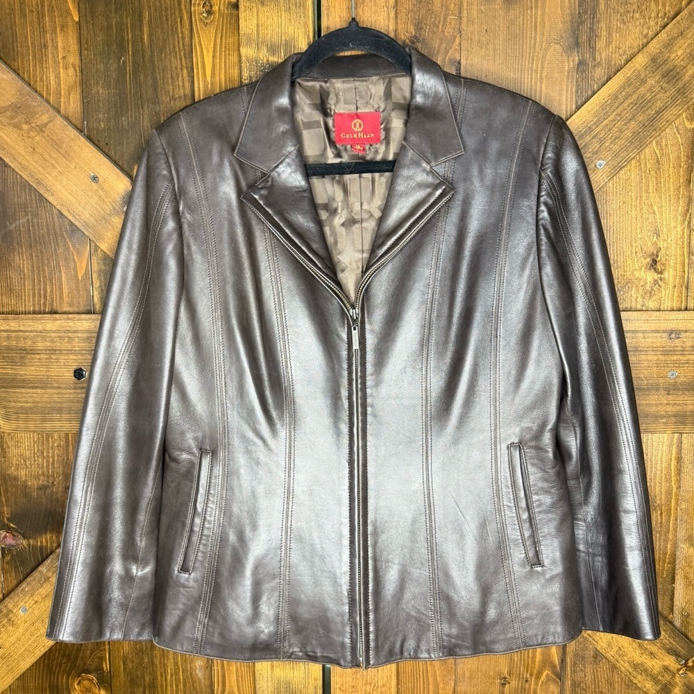 Cole Haan Lambskin Leather Notch Collar Zippered Jacket in Coco Brown Size 14